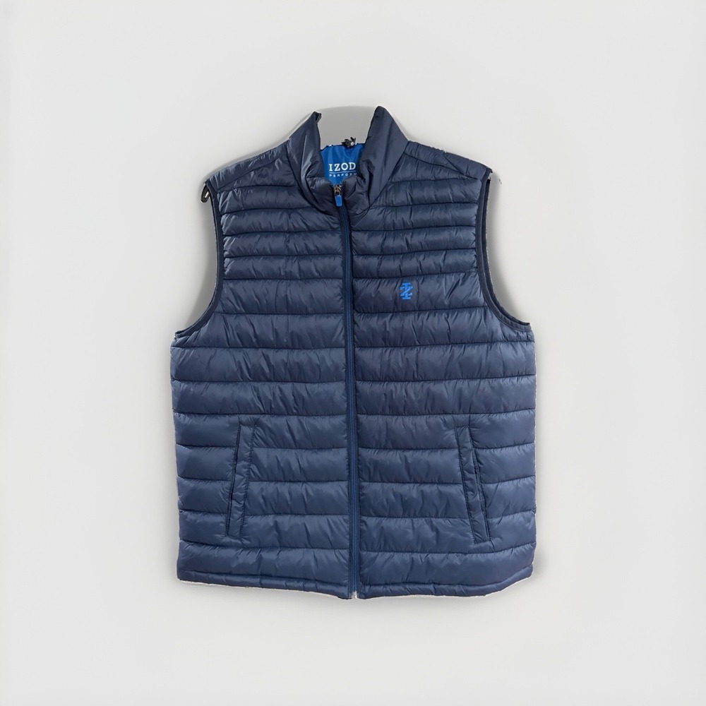 IZOD Perform Mens Puffer Vest  Large Navy Blue Full Zip Quilted EUC W24